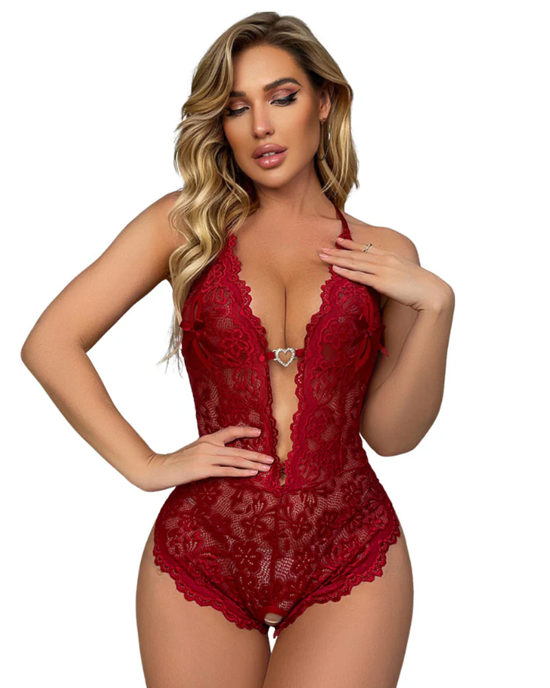 Bridal Floral Lace Scallop Trim Cut Out Sheer Crotchless Sexy Lingerie Wear - Image 10